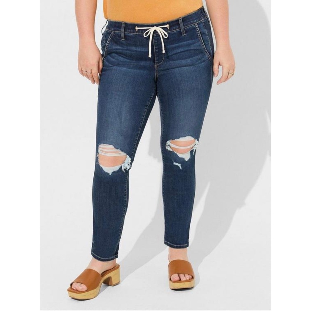 Torrid 4X TALL Weekend Boyfriend Mid-Rise‎ Distressed Drawstring Jeans Dark Wash